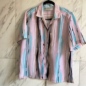 Vintage Donnkenny Pastel Paint Stripes Short Sleeve Button Up Shirt SZ L
